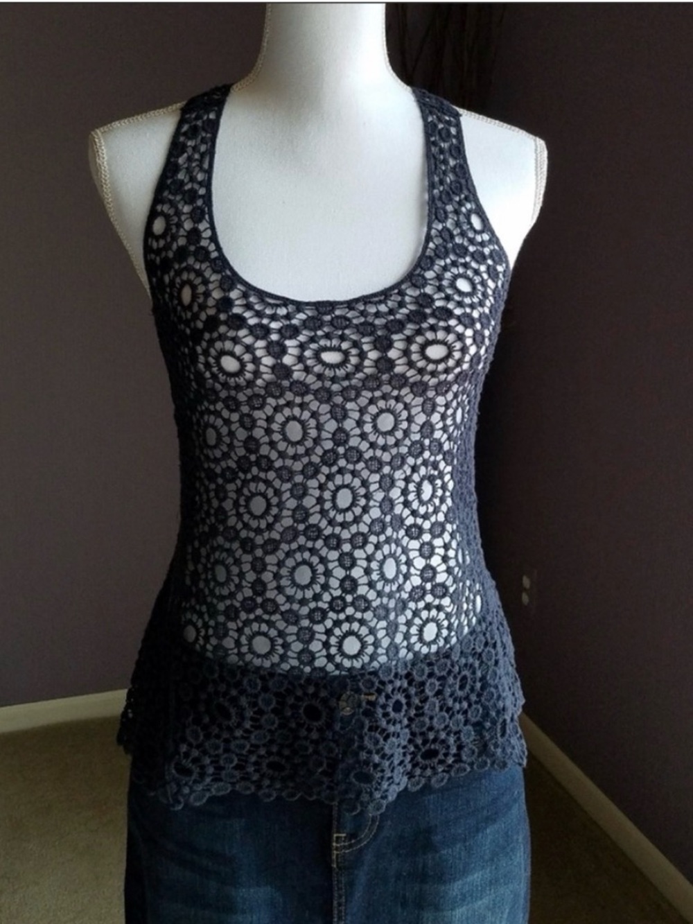 Navy Blue Crochet Lace Racerback Tank Top from Italy